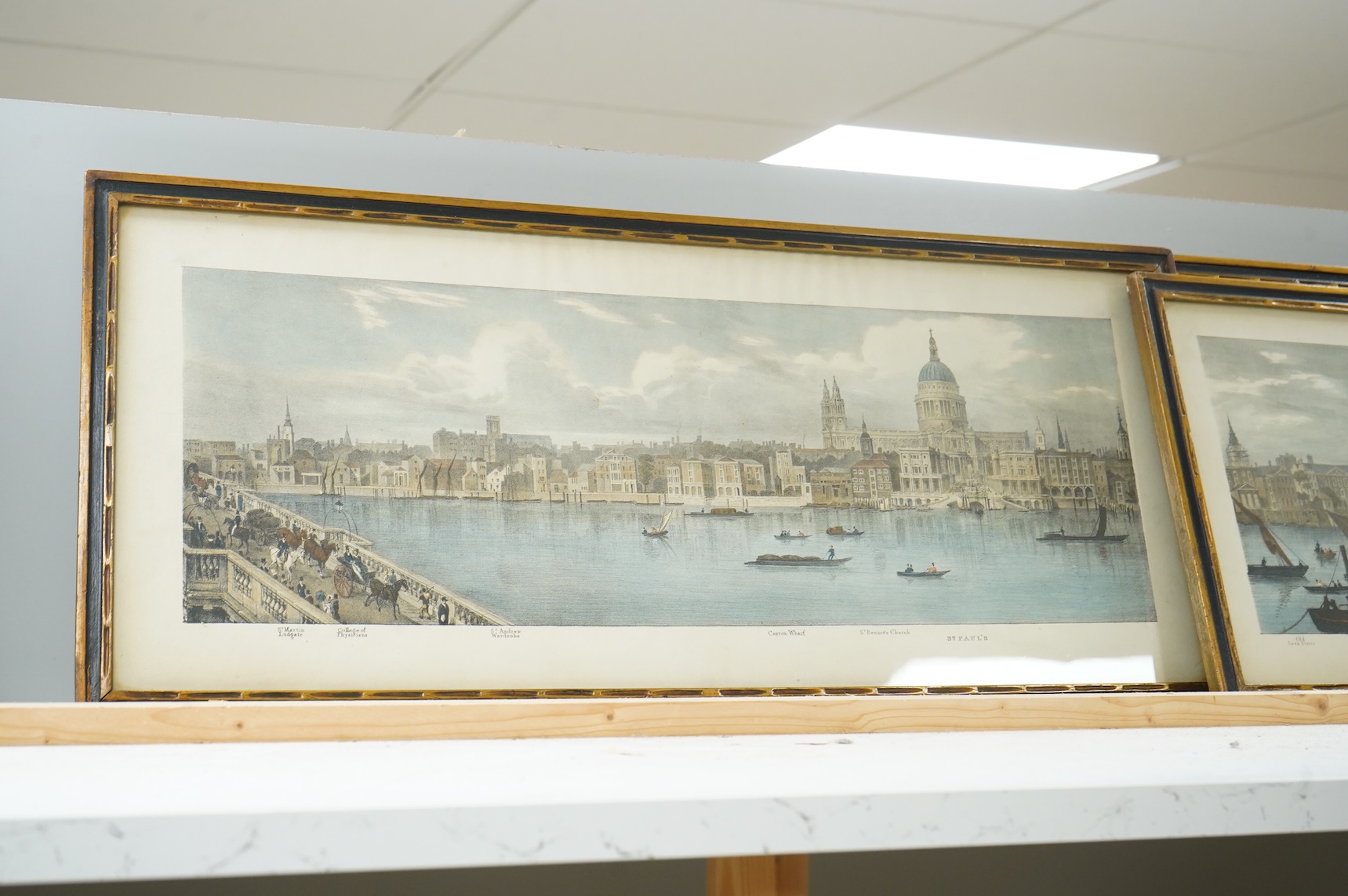 A set of four colour prints, London views to include St Paul’s and London Bridge, printed by C. Hullmandel, together with two other etchings, one coloured, largest 26 x 63cm